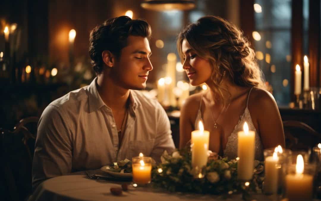 A beautiful couple illuminated by the warm glow of a candle